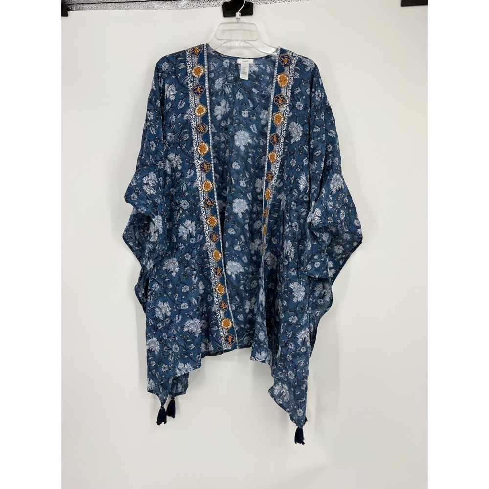 Pure Jill Kimono Women XL-3X Blue Floral Embroidered‎ Tassel Open Front Wrap